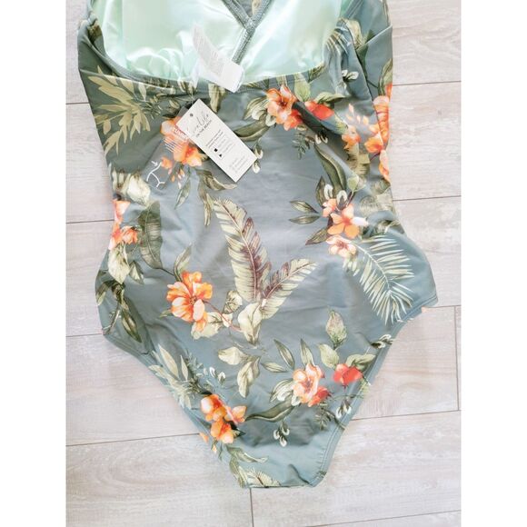 Cupshe M One Piece Swimsuit Size M Green Color W/ Tropical Floral Print NWT - Picture 6 of 8
